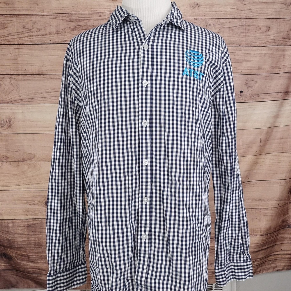 AT&T Shirt Mens 2XLT Blue Check Long Sleeve Button-Up Employee Uniform Workwear - Picture 3 of 7